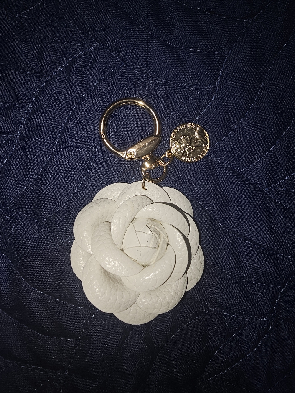 New White Leather Handmade Keychain Bag Charm with Gold Hardware